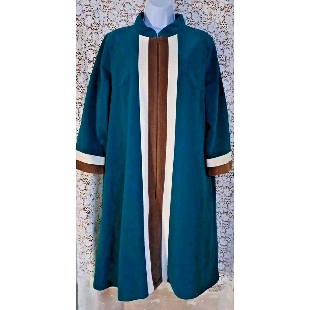 Vanity Fair Bathrobe Size 16 Teal/Brown Velour Midi‎ Length Zipper Retro Vintage